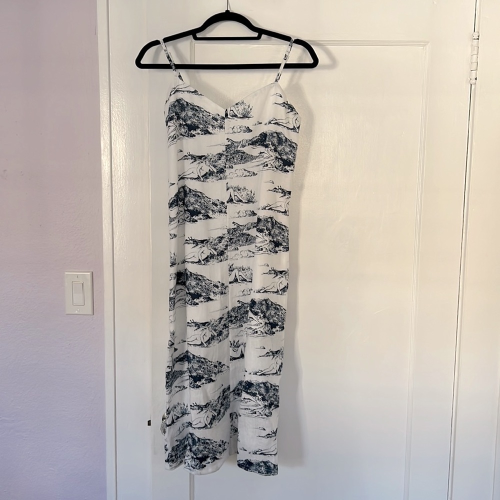 Reformation midi dress, size XS, white with navy pattern.